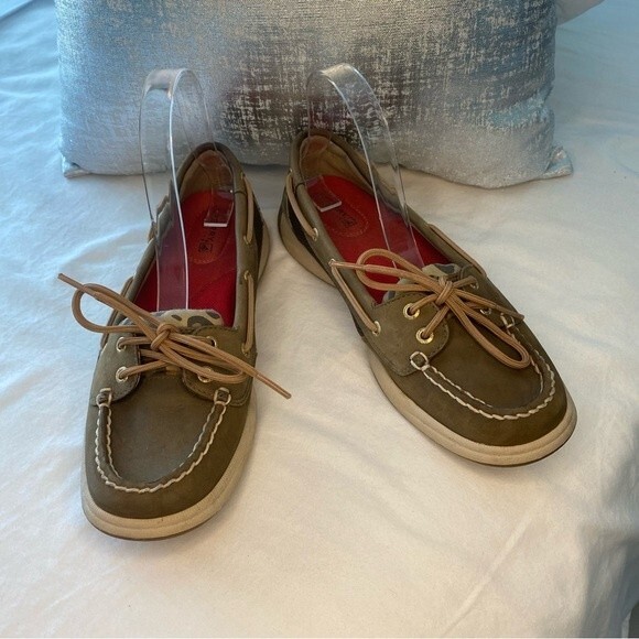 Sperry Top Sider Leather Tan Brown Boat Shoe with Animal Print Accent Size 8.5M - Picture 3 of 14